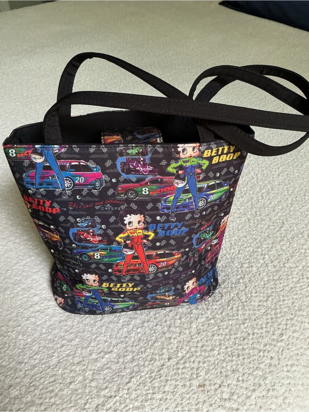 Betty Boop Multicolor Racing Print Tote Bag - Black Background